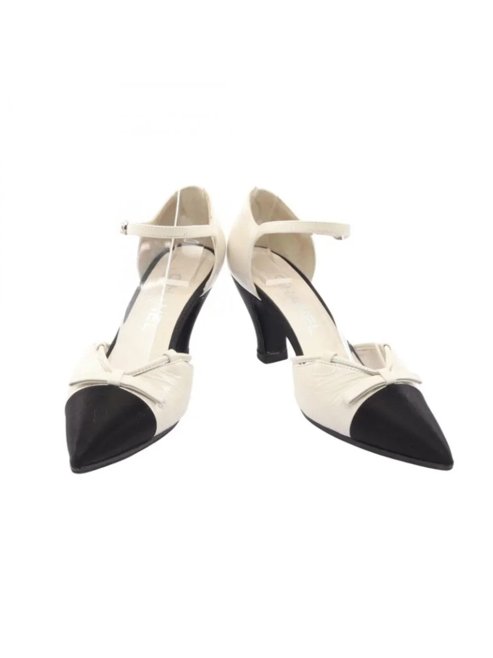 Chanel Pumps Pointed Toe Ribbon Leather Fabric Heel 36